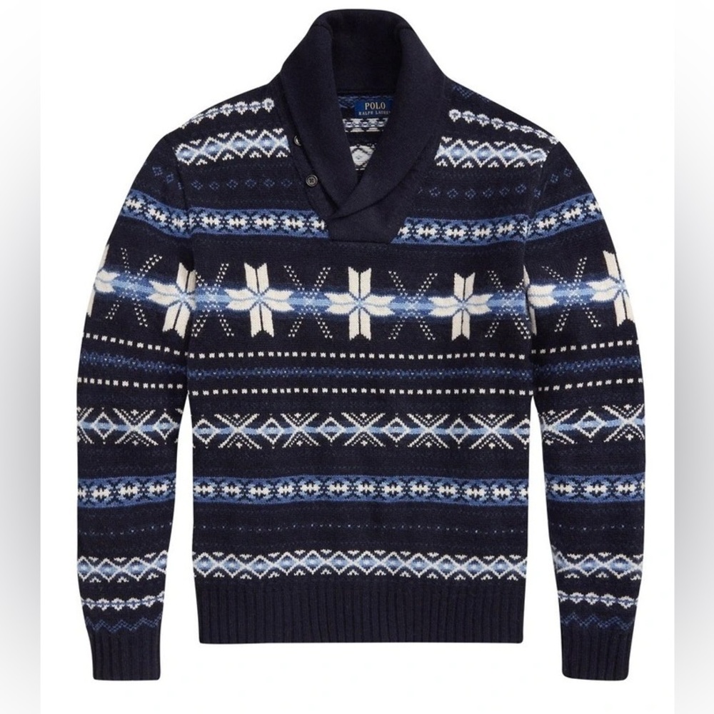 Polo Ralph Lauren Fair Isle Navy Wool Snowflake Shawl Collar Sweater Jum…